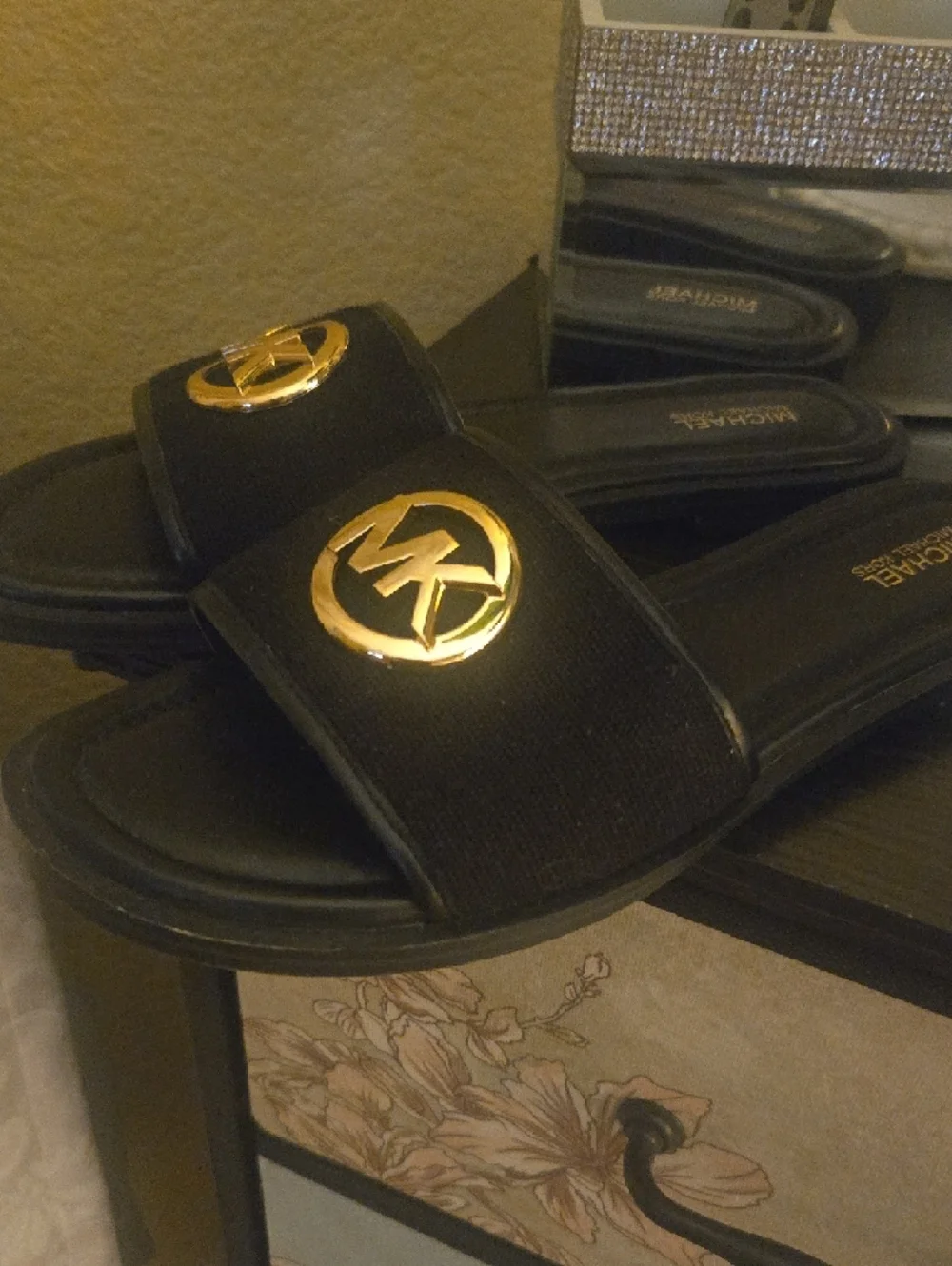 Michael Kors Black Slide Sandals with Gold MK Medallion - Picture 2 of 3